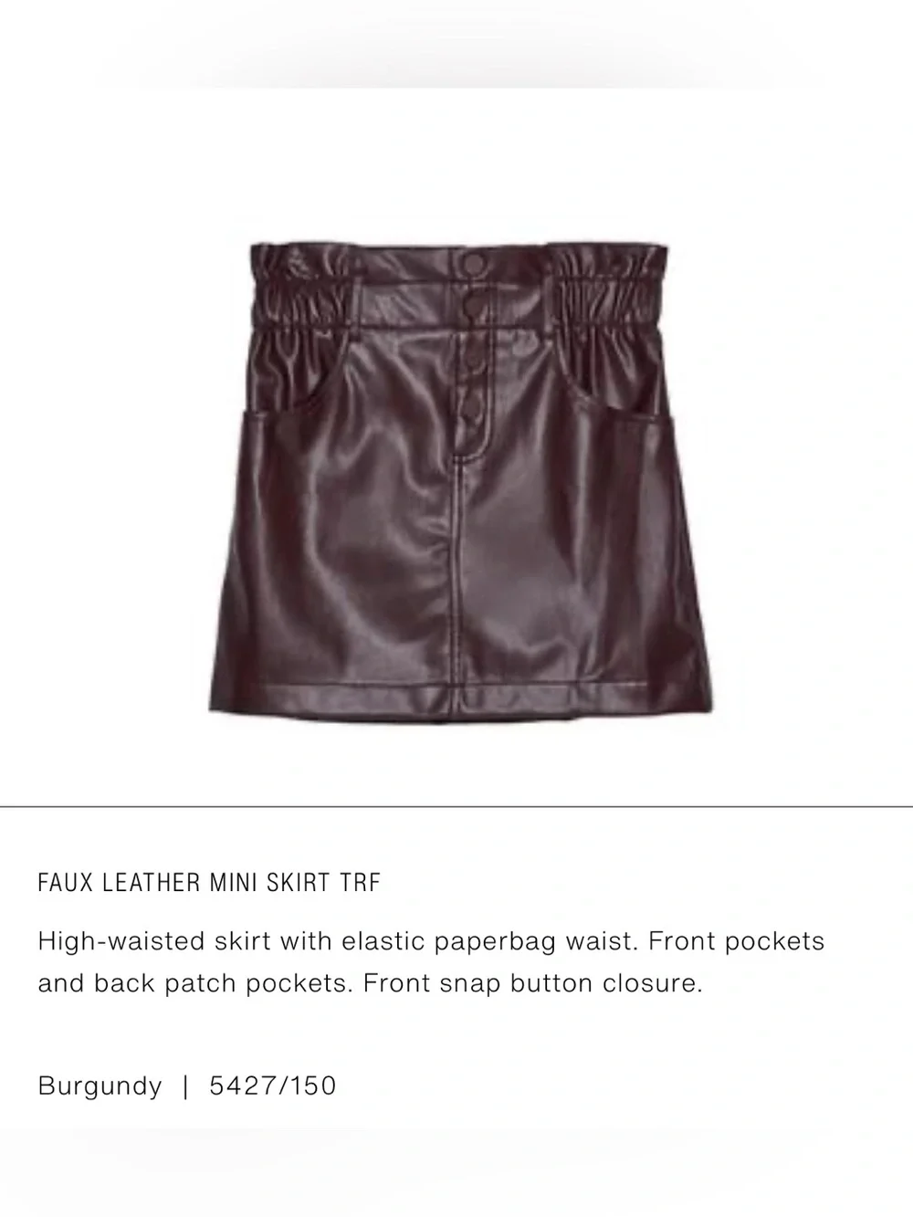 NWT Zara Faux Leather Mini Skirt in Deep Burgundy Small